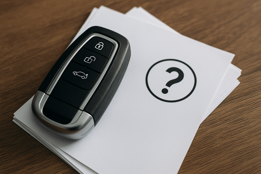 Car key fob on a stack of papers with a question mark icon