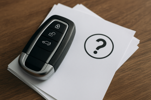 Car key fob on a stack of papers with a question mark icon