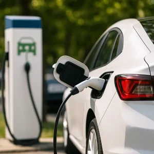 Electric car charging at a public EV charging station