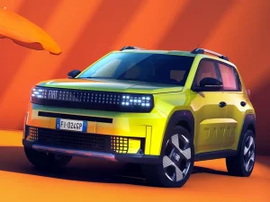 Fiat electric SUV in bright yellow on an orange background