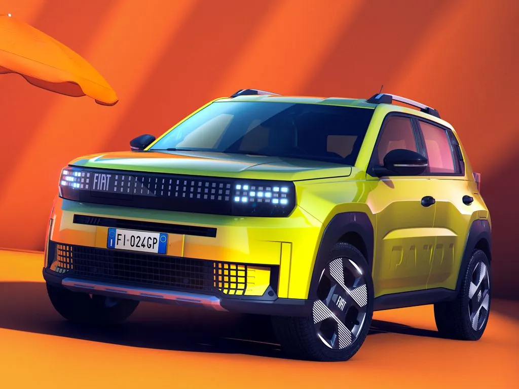 Fiat electric SUV in bright yellow on an orange background