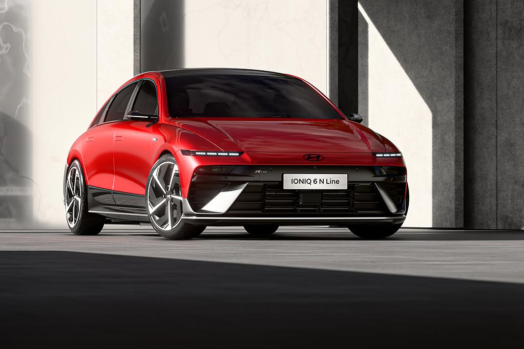 Hyundai IONIQ 6 N Line in red, sporty electric sedan front view