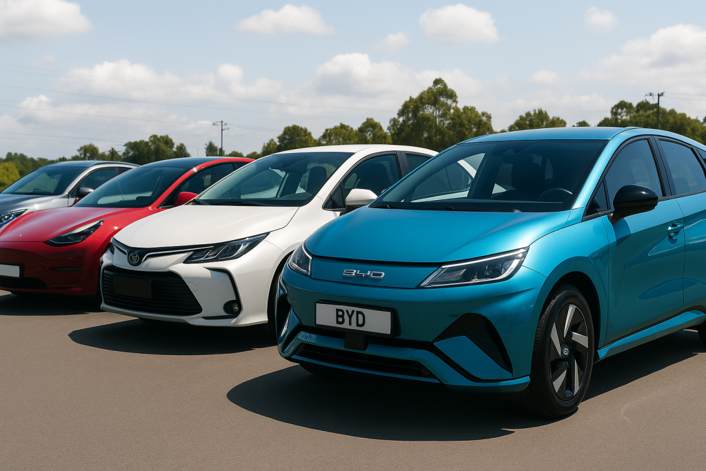 Line-up of popular EV and hybrid cars in Australia, including BYD, Toyota, and Tesla